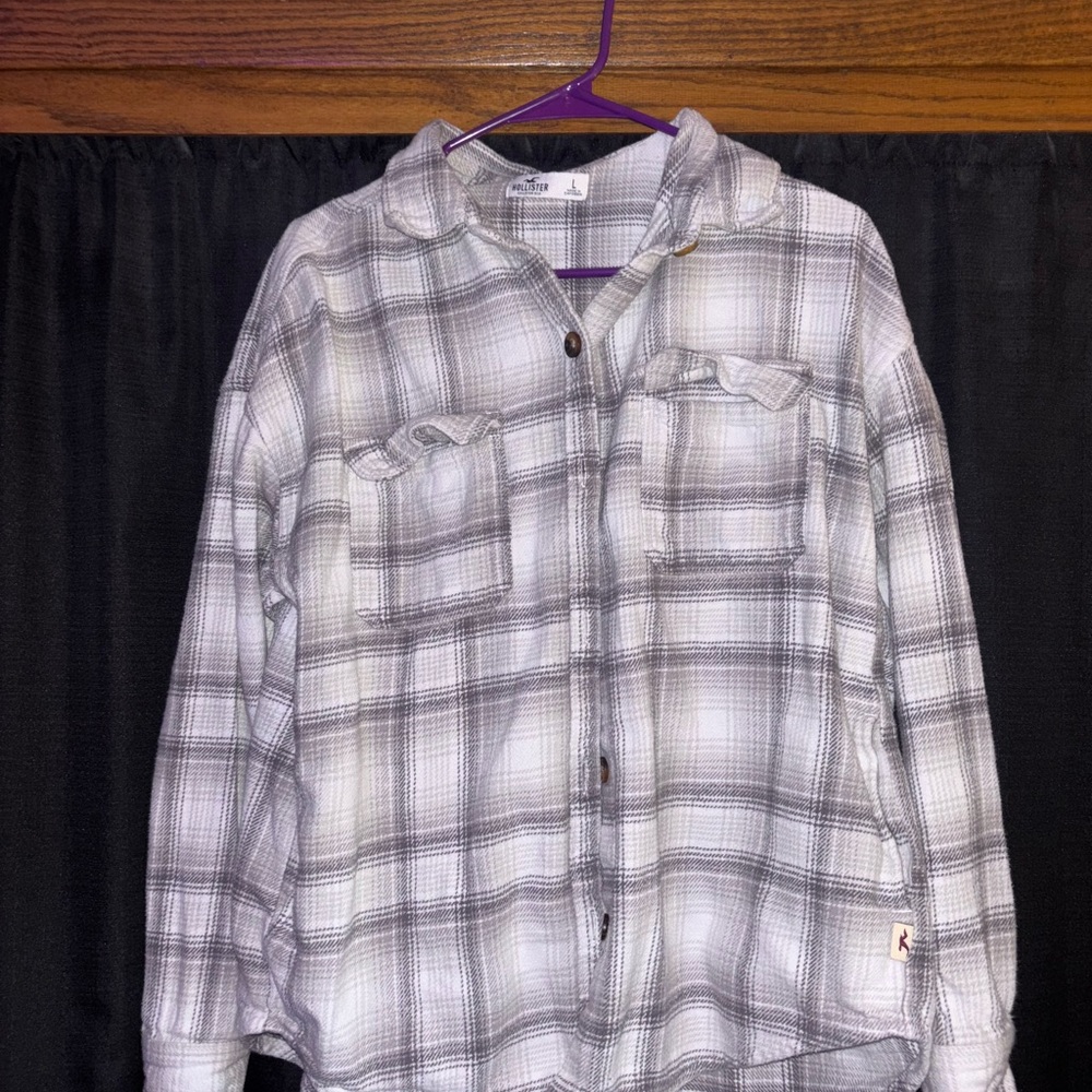 Hollister Gray and White Plaid Flannel